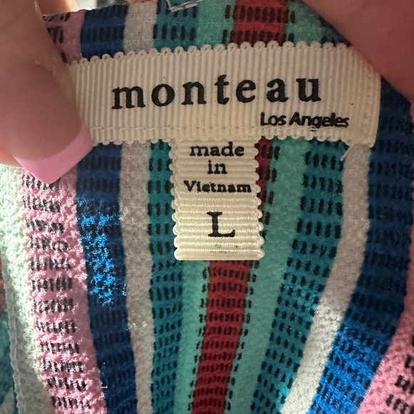 Monteau Open Shoulder Cream Multicolor Striped Baby Doll Top Size Large - Picture 6 of 6